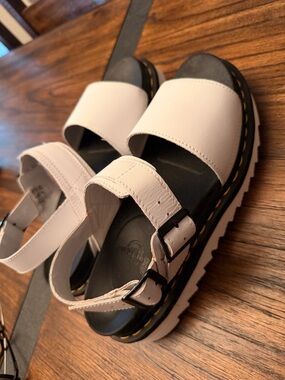 Dr. Martens White Platform Sandals with Black Footbed
